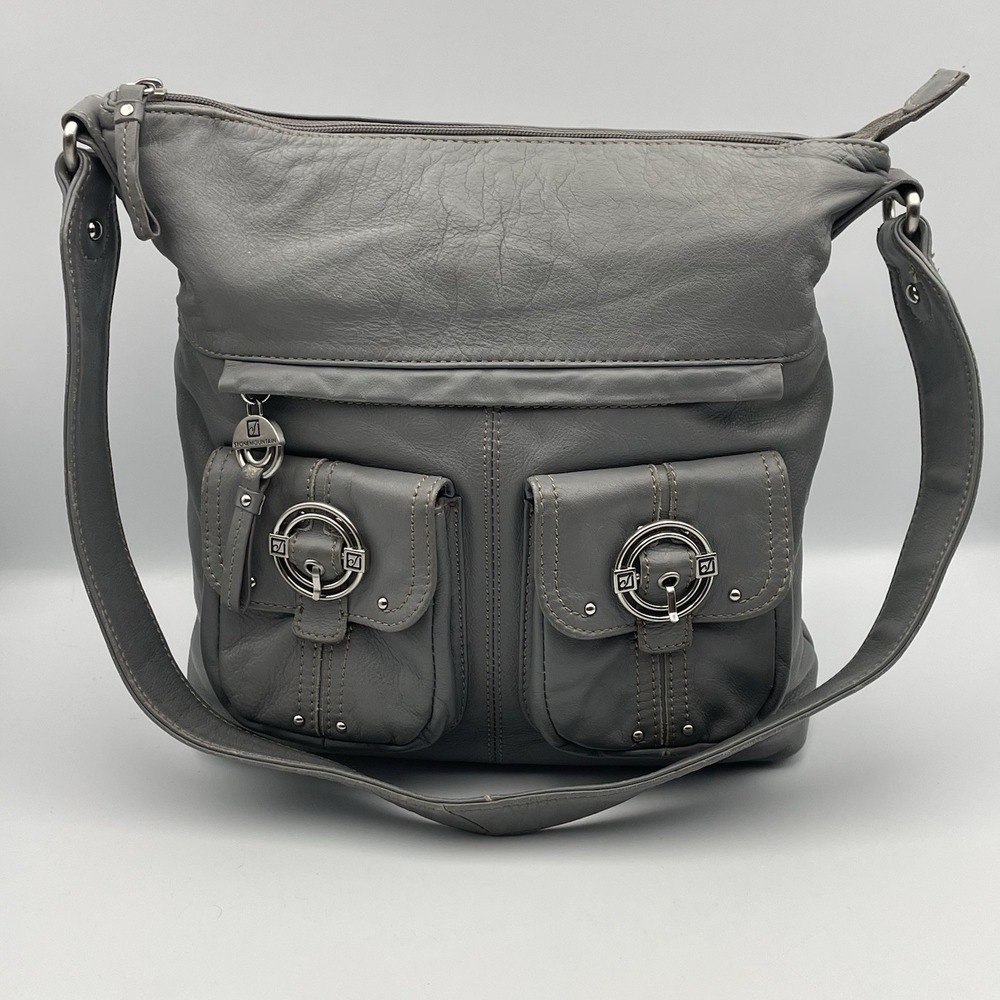 Stone Mountain Gray Leather Shoulder Bag Teal Interior Purse Silver Hardware